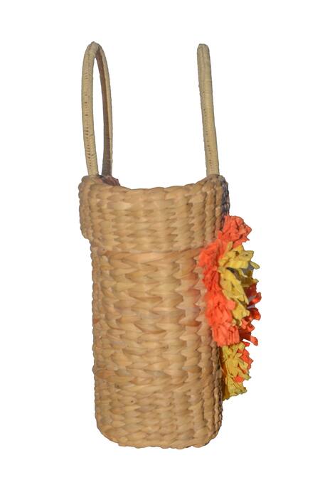 Ginn And Tonik_Beige Paper Raffia Flowers Embellished Basket Woven Beach Bag_Online_at_Aza_Fashions