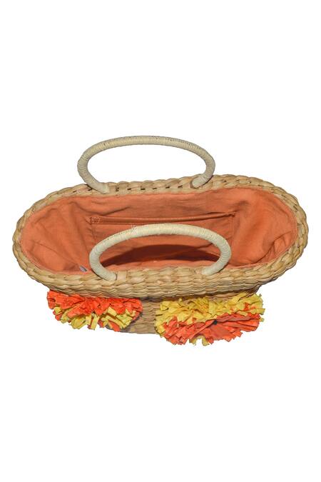 Shop_Ginn And Tonik_Beige Paper Raffia Flowers Embellished Basket Woven Beach Bag_Online_at_Aza_Fashions