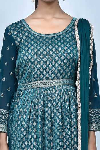 Buy_Samyukta Singhania_Green Georgette Sequins, Embroidery, Gota Patti Round Neck Anarkali Sharara Set_Online_at_Aza_Fashions