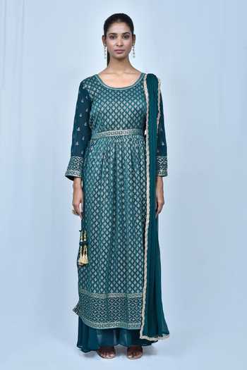 Shop_Samyukta Singhania_Green Georgette Sequins, Embroidery, Gota Patti Round Neck Anarkali Sharara Set_Online_at_Aza_Fashions
