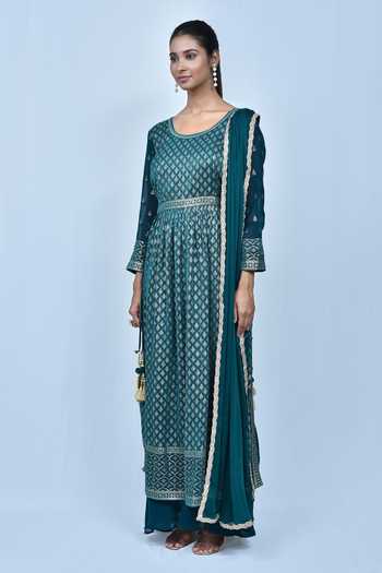 Samyukta Singhania_Green Georgette Sequins, Embroidery, Gota Patti Round Neck Anarkali Sharara Set_at_Aza_Fashions