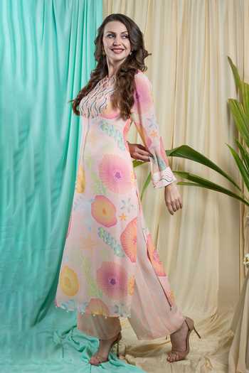 Buy_Seams Pret And Couture_Pink Georgette Printed Marine Tie-up Florine Straight Kurta With Pant _Online_at_Aza_Fashions