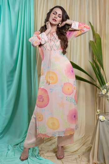 Shop_Seams Pret And Couture_Pink Georgette Printed Marine Tie-up Florine Straight Kurta With Pant _Online_at_Aza_Fashions