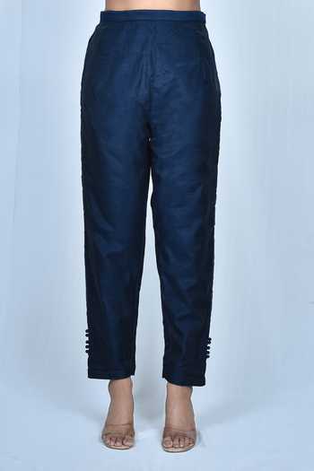 Samyukta Singhania_Blue Chanderi Silk, Chiffon Sequins, Zari, Beads Round Straight Kurta Pant Set_Online_at_Aza_Fashions