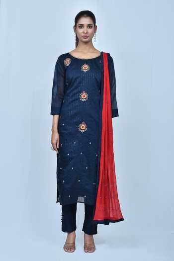 Shop_Samyukta Singhania_Blue Chanderi Silk, Chiffon Sequins, Zari, Beads Round Straight Kurta Pant Set_Online_at_Aza_Fashions