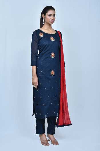 Samyukta Singhania_Blue Chanderi Silk, Chiffon Sequins, Zari, Beads Round Straight Kurta Pant Set_at_Aza_Fashions