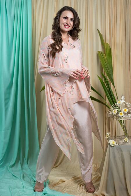 Buy Seams Pret And Couture Pink Georgette Printed Wave Shirt Collar Hilda Asymmetric Hem Kurta With Pant Online at Aza Fashions Buy_Seams Pret And Couture_Pink Georgette Printed Wave Shirt Collar Hilda Asymmetric Hem Kurta With Pant _Online_at_Aza_Fashions