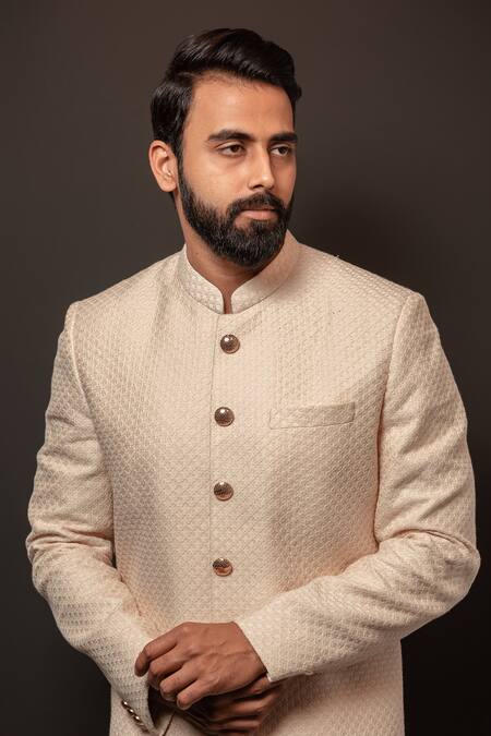 Buy_Darshika Menswear_Beige Silk Embroidery Textured Pattern Long Bandhgala Set_Online_at_Aza_Fashions