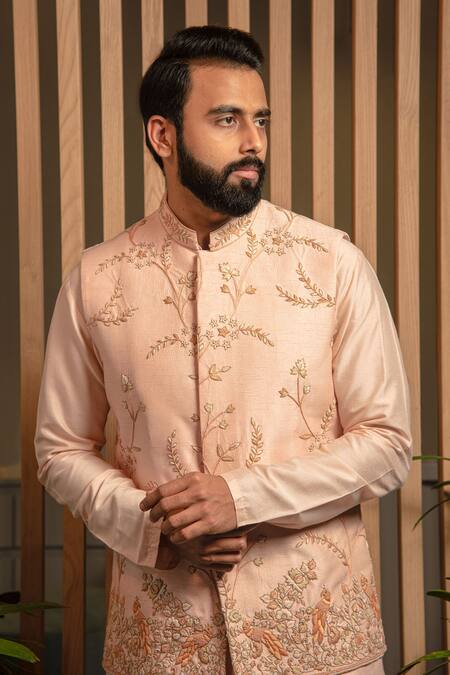Buy_Darshika Menswear_Pink Cotton, Silk Embroidery Thread Bundi And Kurta Set _Online_at_Aza_Fashions