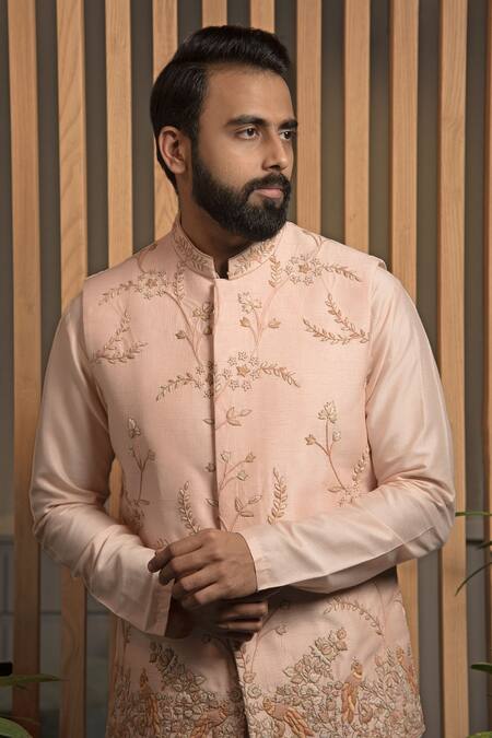 Shop_Darshika Menswear_Pink Cotton, Silk Embroidery Thread Bundi And Kurta Set _Online_at_Aza_Fashions