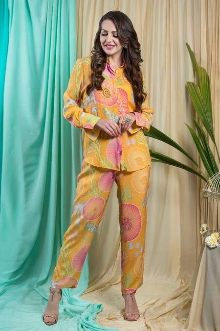 Buy Seams Pret And Couture Yellow Crepe, Silk Sequins Shawl Neck Marine Print Shirt And Pant Set Online at Aza Fashions Buy_Seams Pret And Couture_Yellow Crepe, Silk Sequins Shawl Neck Marine Print Shirt And Pant Set _Online_at_Aza_Fashions