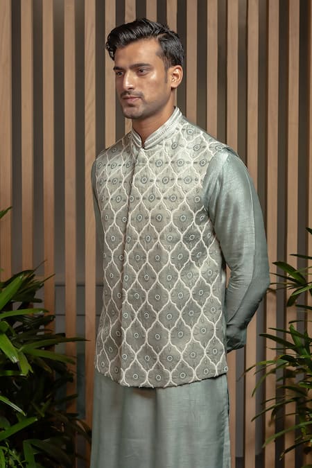Darshika Menswear_Green Silk, Satin, Linen Pearls, Embroidery Bundi And Kurta Set _Online_at_Aza_Fashions