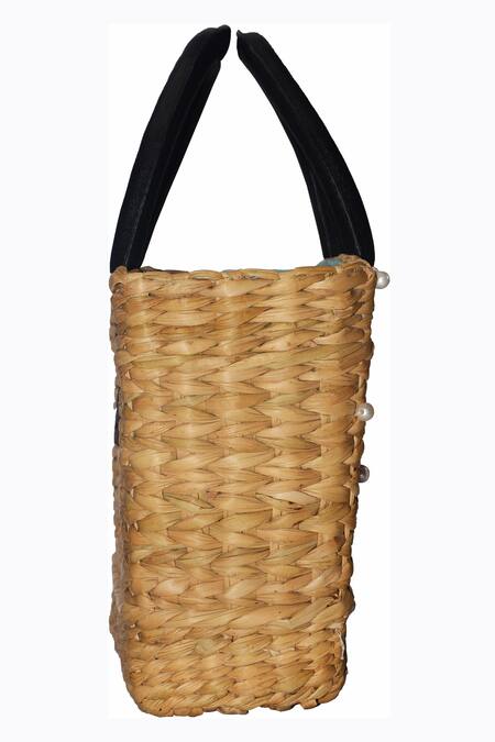 Ginn And Tonik_Beige Beads Evil Eye Embellished Basket Woven Beach Bag_Online_at_Aza_Fashions