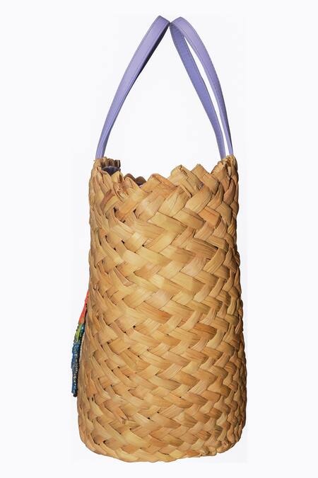 Ginn And Tonik_Beige Bead And Sequin Hamsa Hand Embellished Woven Beach Bag_Online_at_Aza_Fashions