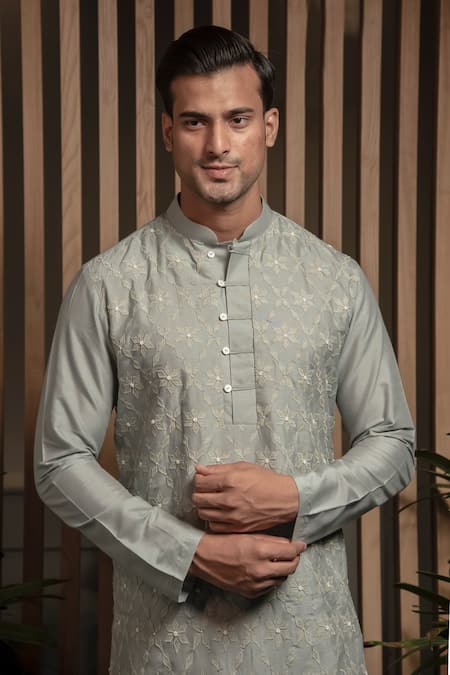 Buy Darshika Menswear Blue Cotton, Silk Applique Embroidered Kurta Set Online at Aza Fashions Buy_Darshika Menswear_Blue Cotton, Silk Applique Embroidered Kurta Set _Online_at_Aza_Fashions