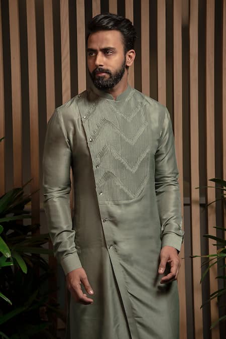Darshika Menswear Green Silk Pintuck Kurta Set Online at Aza Fashions Darshika Menswear_Green Silk Pintuck Kurta Set _Online_at_Aza_Fashions