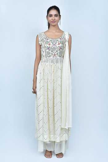 Buy_Samyukta Singhania_Cream Georgette Mirrors, Sequins, Embroidery Round Resham Anarkali Sharara Set_Online_at_Aza_Fashions