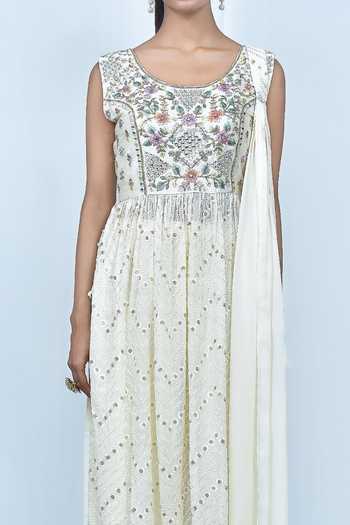 Samyukta Singhania_Cream Georgette Mirrors, Sequins, Embroidery Round Resham Anarkali Sharara Set_at_Aza_Fashions