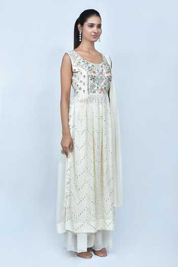 Shop_Samyukta Singhania_Cream Georgette Mirrors, Sequins, Embroidery Round Resham Anarkali Sharara Set_Online_at_Aza_Fashions