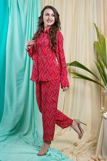 Shop_Seams Pret And Couture_Red Crepe Sequins Shawl Neck Aanya Cut Dana Embellished Shirt With Pant _Online_at_Aza_Fashions