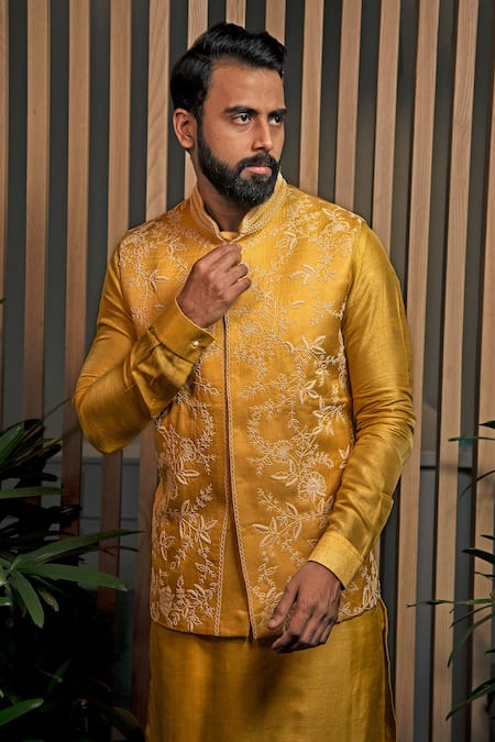 Darshika Menswear Yellow Silk, Satin, Linen Embroidery, Pearls Floral Bundi And Kurta Set Online at Aza Fashions Darshika Menswear_Yellow Silk, Satin, Linen Embroidery, Pearls Floral Bundi And Kurta Set _Online_at_Aza_Fashions