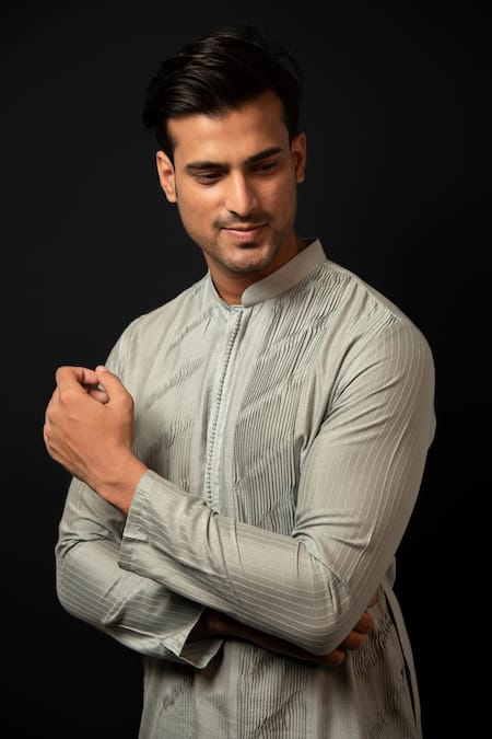 Shop Darshika Menswear Blue Cotton, Silk Panelled Pintuck Kurta Set Online at Aza Fashions Shop_Darshika Menswear_Blue Cotton, Silk Panelled Pintuck Kurta Set _Online_at_Aza_Fashions