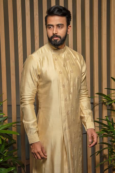 Darshika Menswear_Beige Silk Embroidery Thread Placement Kurta Set _Online_at_Aza_Fashions
