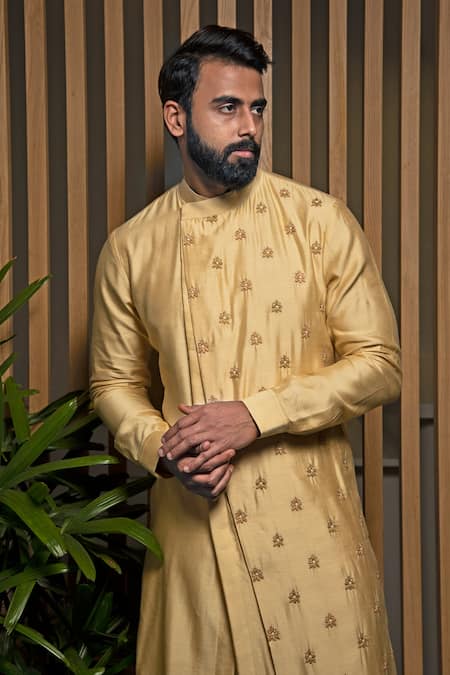 Buy_Darshika Menswear_Beige Silk Embroidery Thread Placement Kurta Set _Online_at_Aza_Fashions