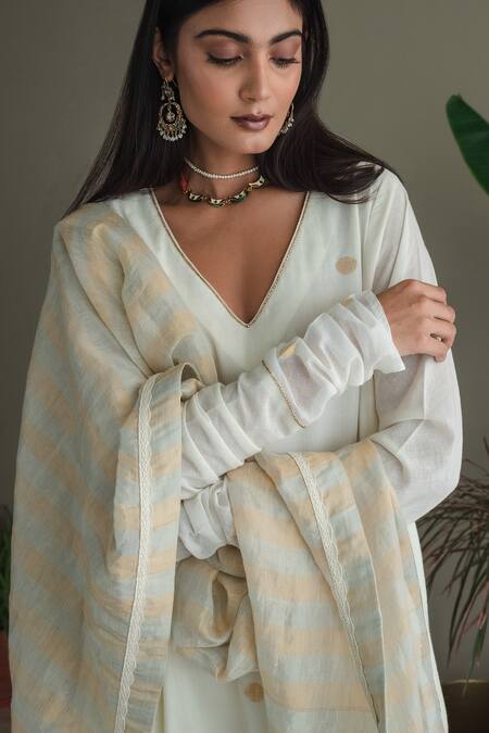 Buy_Shorshe Clothing_Ivory Cotton Embroidery V-neck Anu Polka Dots Woven Kurta And Pant Set_Online_at_Aza_Fashions