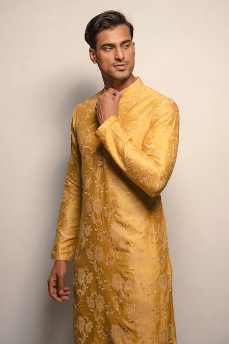 Darshika Menswear Yellow Silk, Cotton Embroidery Thread Kurta Set Online at Aza Fashions Darshika Menswear_Yellow Silk, Cotton Embroidery Thread Kurta Set _Online_at_Aza_Fashions