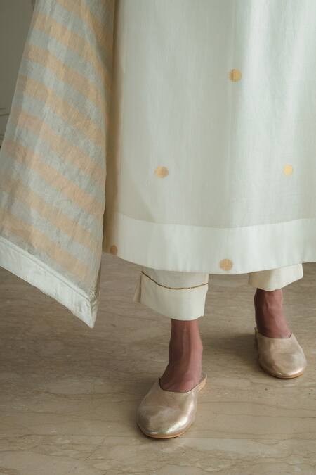 Shorshe Clothing_Ivory Cotton Embroidery V-neck Anu Polka Dots Woven Kurta And Pant Set_at_Aza_Fashions