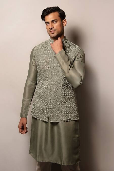 Shop_Darshika Menswear_Green Organza, Embroidery, Pearls Geometric Bundi And Kurta Set _Online_at_Aza_Fashions