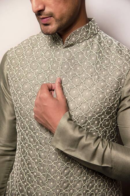 Darshika Menswear_Green Organza, Embroidery, Pearls Geometric Bundi And Kurta Set _at_Aza_Fashions