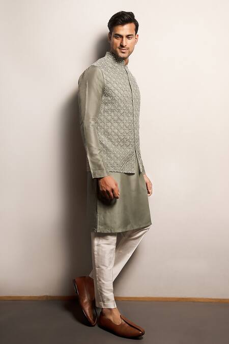 Buy_Darshika Menswear_Green Organza, Embroidery, Pearls Geometric Bundi And Kurta Set 