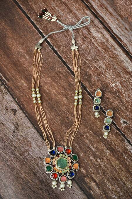 Buy_Naintara Bajaj_Gold Plated Jadau Kundan Navratna Stone Embellished Pendant Necklace Set_Online_at_Aza_Fashions