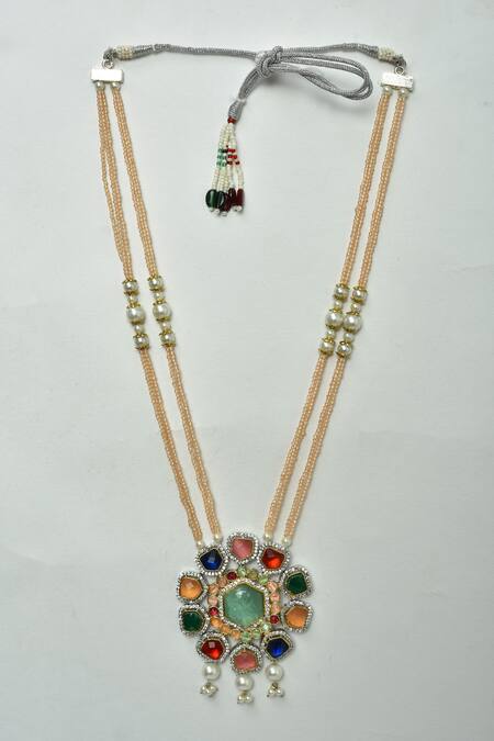 Shop_Naintara Bajaj_Gold Plated Jadau Kundan Navratna Stone Embellished Pendant Necklace Set_Online_at_Aza_Fashions