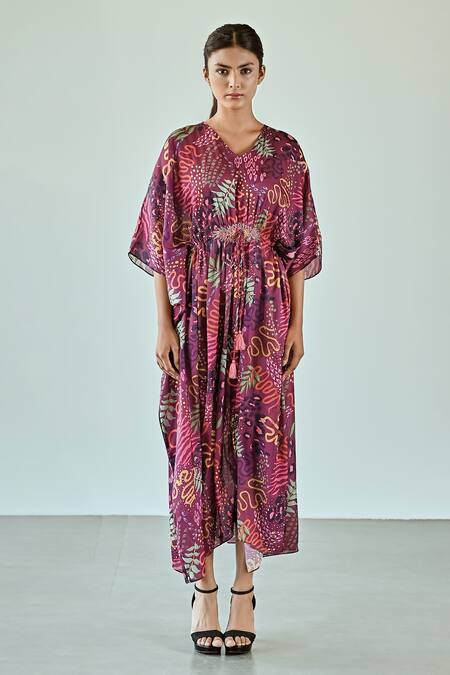 K-Anshika_Wine Satin Embroidery V-neck Abstract Botanical Print Dress _Online_at_Aza_Fashions