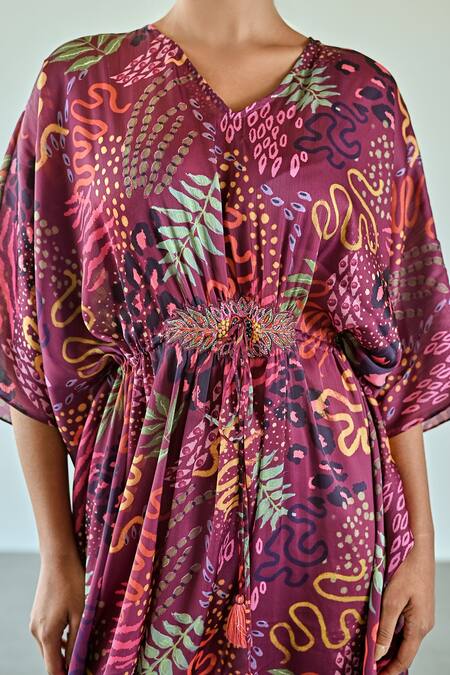 Shop_K-Anshika_Wine Satin Embroidery V-neck Abstract Botanical Print Dress _Online_at_Aza_Fashions