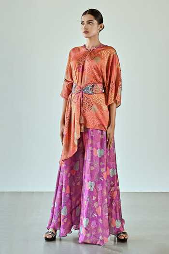 K-Anshika_Orange Satin V-neck Asymmetric Abstract Print Top And Pant Set _Online_at_Aza_Fashions