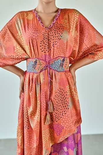 Buy_K-Anshika_Orange Satin V-neck Asymmetric Abstract Print Top And Pant Set _Online_at_Aza_Fashions