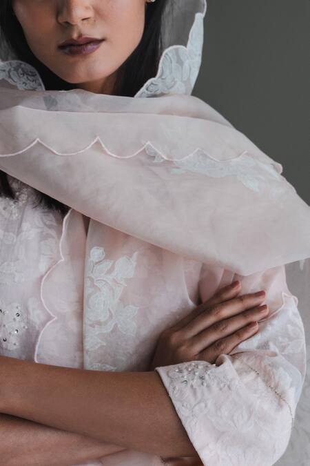 Shorshe Clothing_Pink Organza Hand Block Printed Stole_at_Aza_Fashions