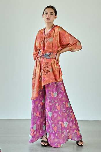 Shop_K-Anshika_Orange Satin V-neck Asymmetric Abstract Print Top And Pant Set _Online_at_Aza_Fashions