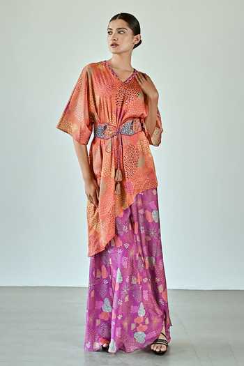 K-Anshika_Orange Satin V-neck Asymmetric Abstract Print Top And Pant Set _at_Aza_Fashions