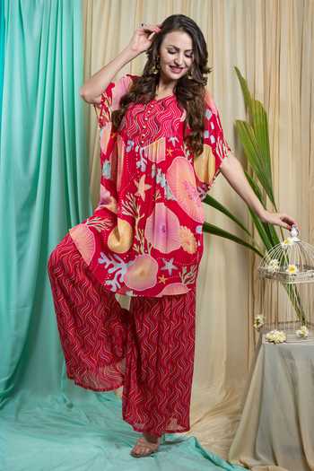 Buy_Seams Pret And Couture_Red Georgette Printed Waves V Neck Belly Kaftan Tunic With Palazzo _Online_at_Aza_Fashions