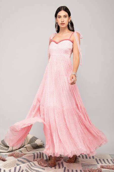 Buy_Kalakaari By Sagarika_Pink Chiffon Embroidery Sweetheart Neck Geometric Hand Block Print Maxi Dress _Online_at_Aza_Fashions