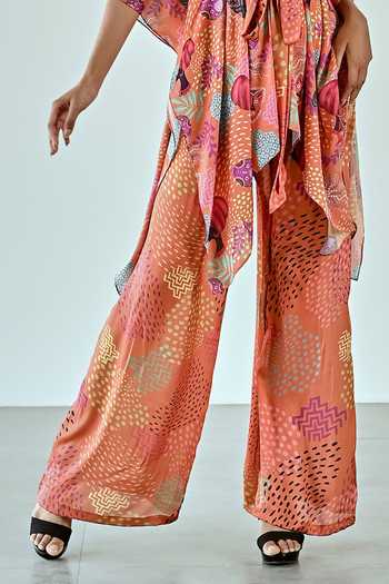 Shop_K-Anshika_Orange Satin Round Neck Abstract Botanical Print Top With Pant _Online_at_Aza_Fashions