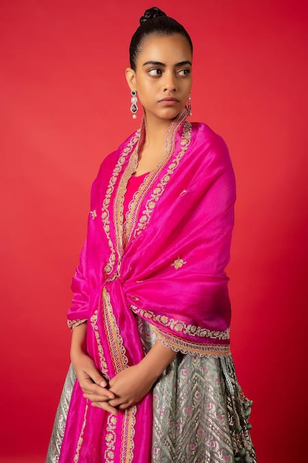 Ekaya Banaras_Grey Silk, Satin Handcrafted Bridal Lehenga Set With Unstitched Blouse Fabric_Online_at_Aza_Fashions