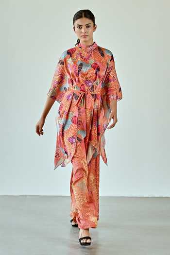 K-Anshika_Orange Satin Round Neck Abstract Botanical Print Top With Pant _Online_at_Aza_Fashions