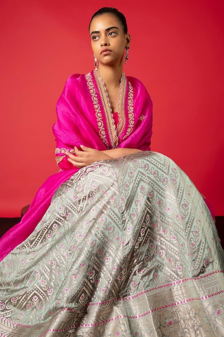 Buy_Ekaya Banaras_Grey Silk, Satin Handcrafted Bridal Lehenga Set With Unstitched Blouse Fabric_Online_at_Aza_Fashions