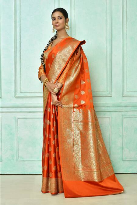 Buy_Samyukta Singhania_Orange Kota Doria Embroidery Woven Leaf Motifs Saree With Running Blouse_Online_at_Aza_Fashions
